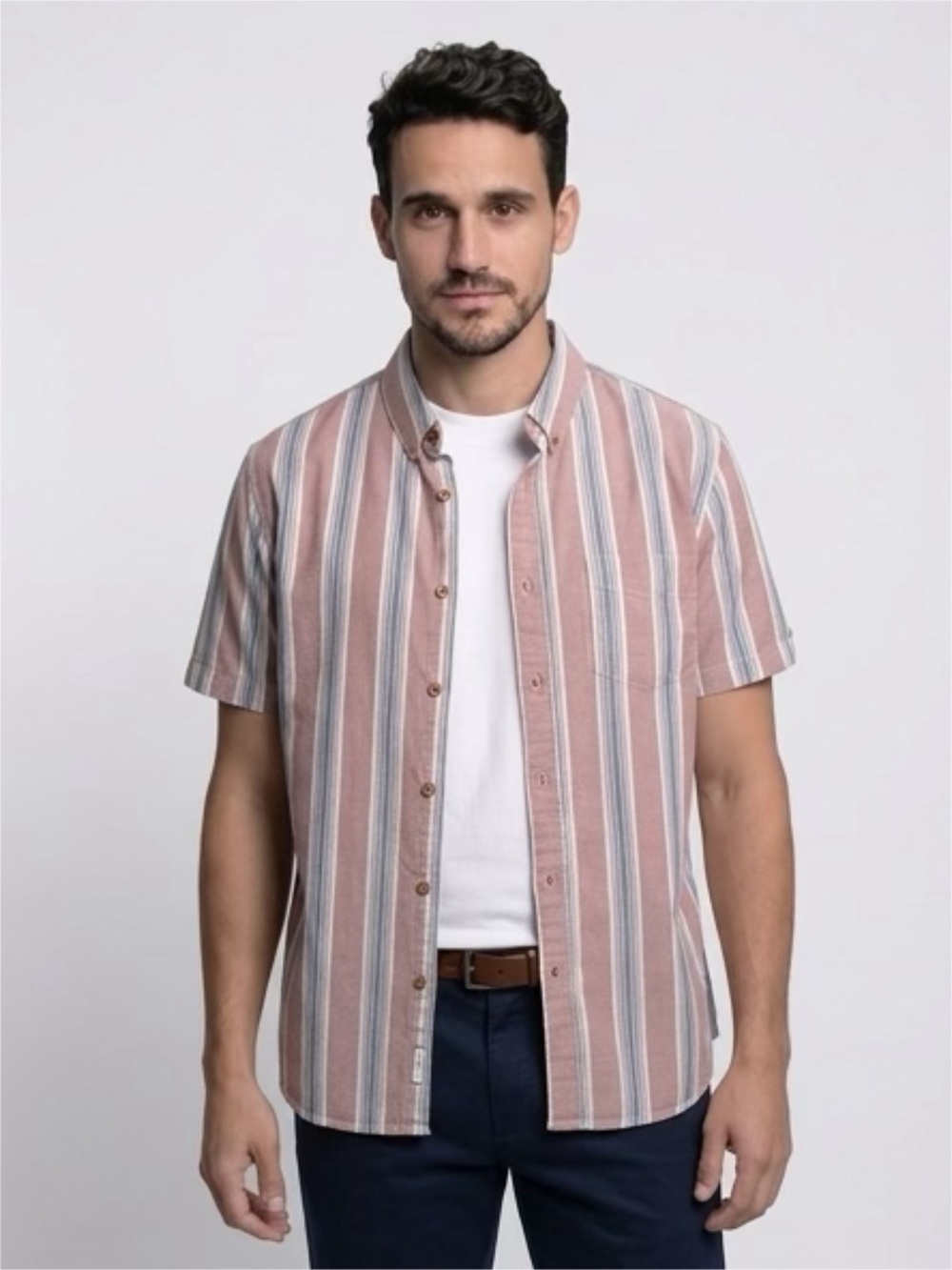 Ben Sherman Short-Sleeve Stretch Stripe Button-Up Cotton Shirt.